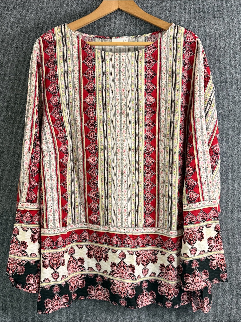 J Jill Womens 3X Tunic Blouse Paisley Panel Border Print Long Sleeve Scoop Neck